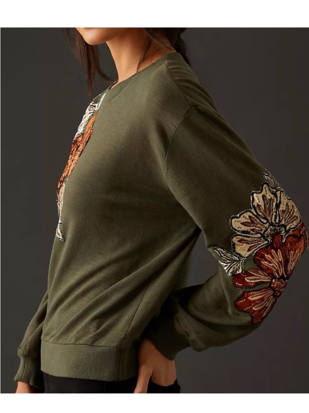 Anthropologie floral appliqué Moss cotton Embroidered Sweatshirt size XL - Picture 3 of 12